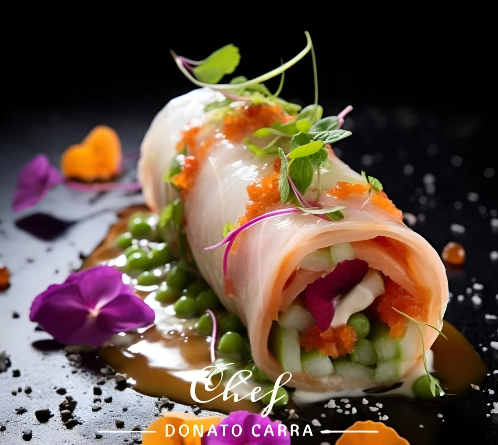 "Cannolo di prosciutto cotto farcito con sedano, germogli di carote e feta su una deliziosa crema di pollo con piselli aromatizzati all'aglio"