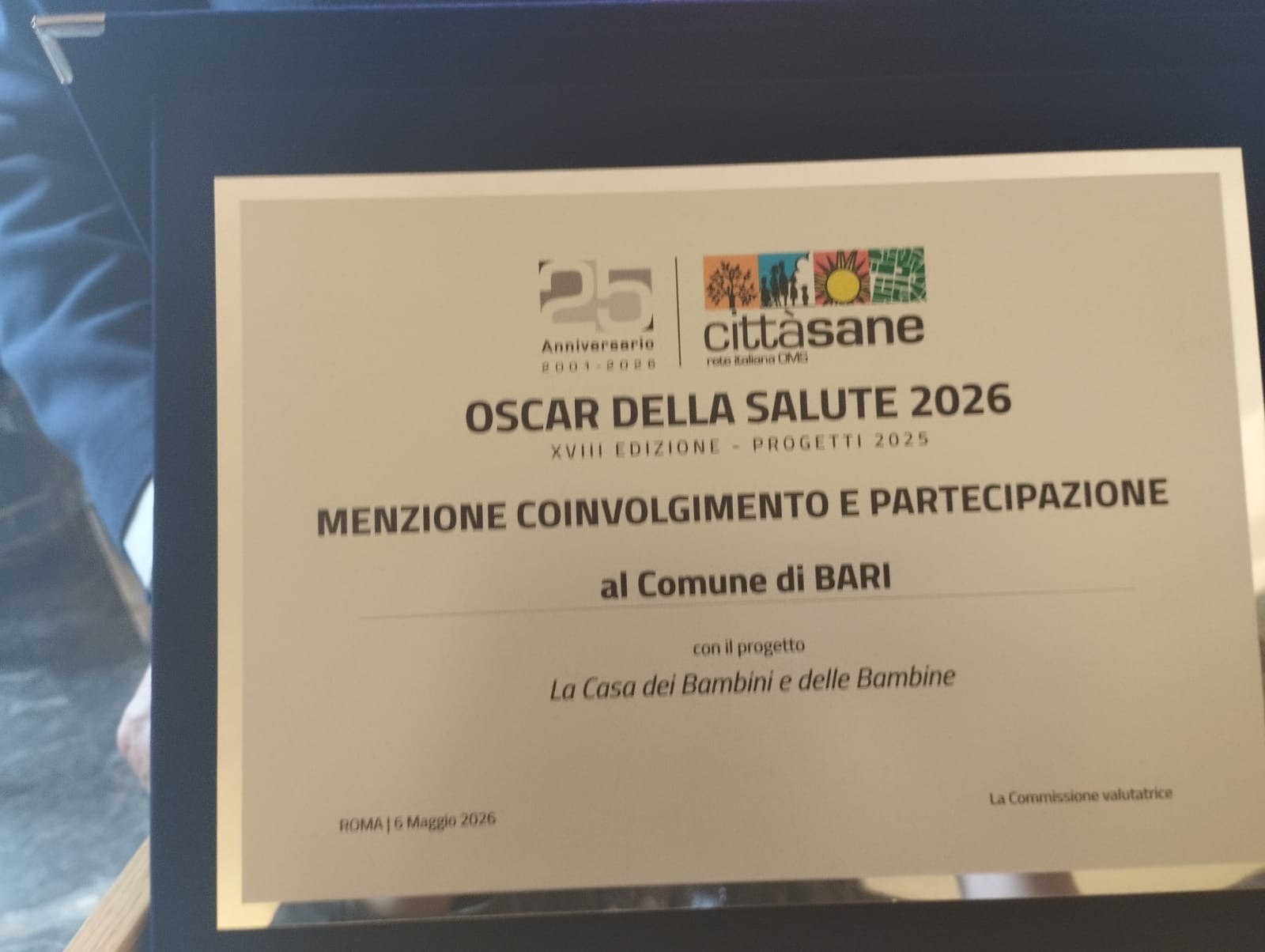 Cerimonia degli Oscar della Salute 2026: al Comune di Bari ''Menzione speciale per coinvolgimento e partecipazione’' per il progetto ''La Casa delle Bambine e dei Bambini''