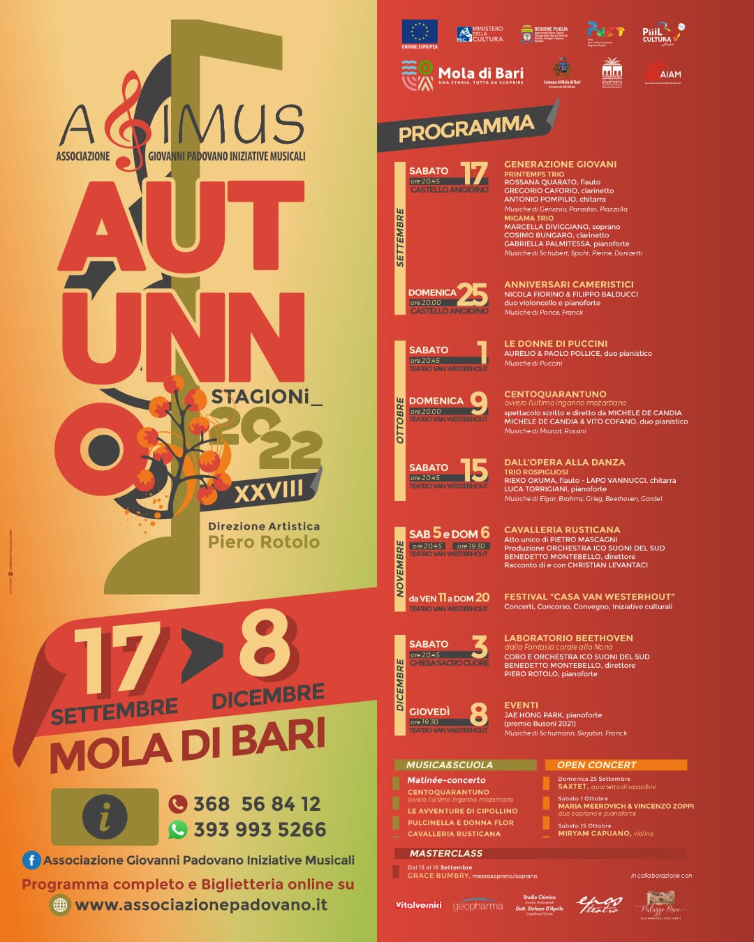 ''AGIMUS  Autunno_STAGIONi_2022_XXVIII a Mola di Bari '' La musica da camera tra rarità, scoperte e lirica in miniatura con giovani talenti e grandi protagonisti a confronto''