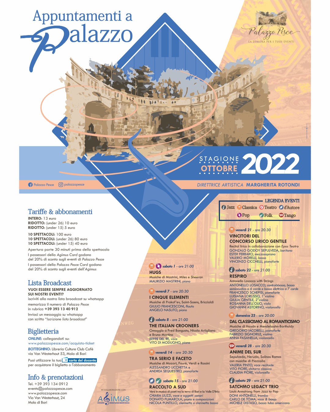 Mola di Bari "PALAZZO PESCE ,Sala Etrusca - la programmazione concerti OTTOBRE NOVEMBRE DICEMBRE "