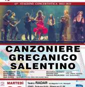 "CANZONIERE  GRECANICO SALENTINO - martedì 22 nov 2022 al Teatro Radar  a Monopoli ''