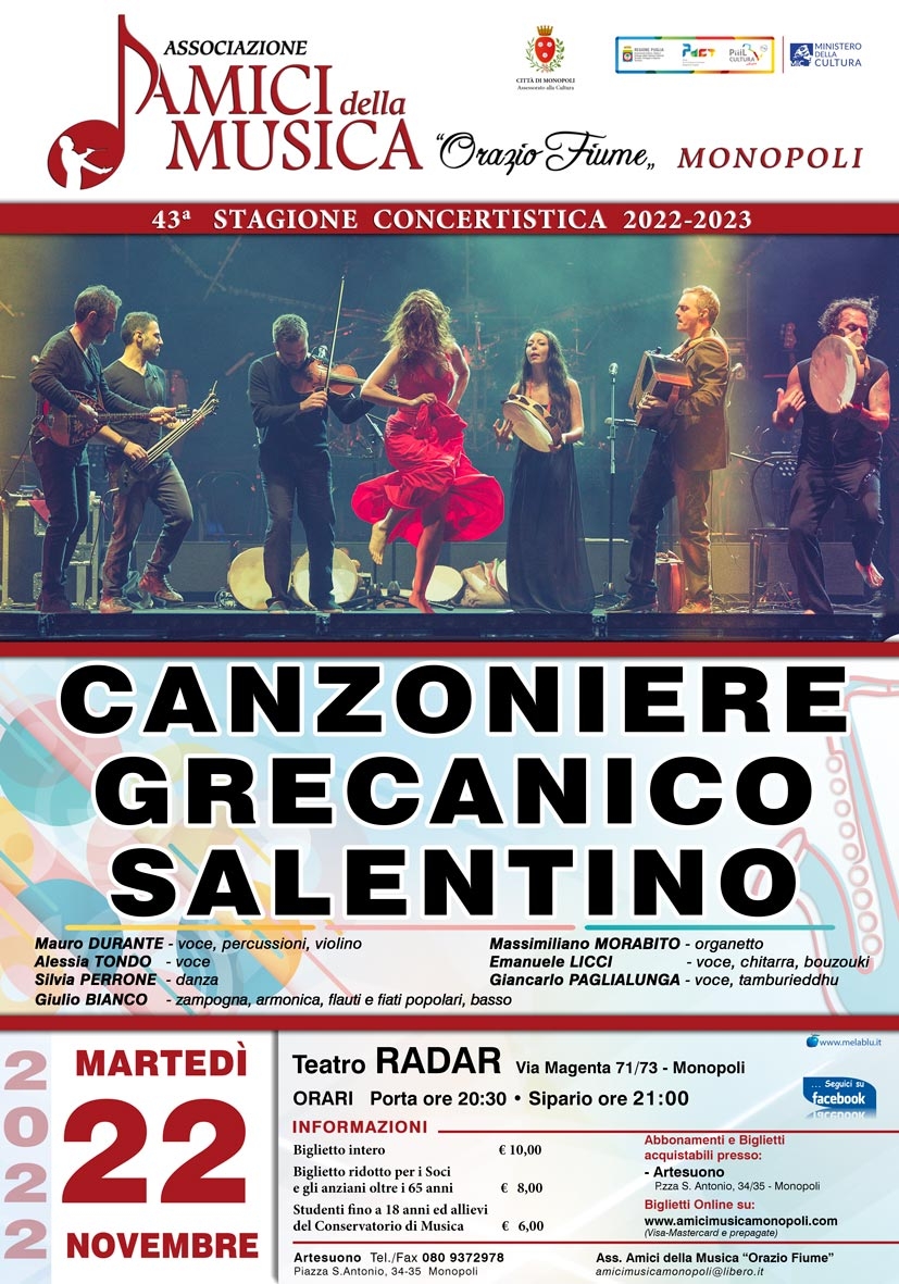 "CANZONIERE  GRECANICO SALENTINO - martedì 22 nov 2022 al Teatro Radar  a Monopoli ''