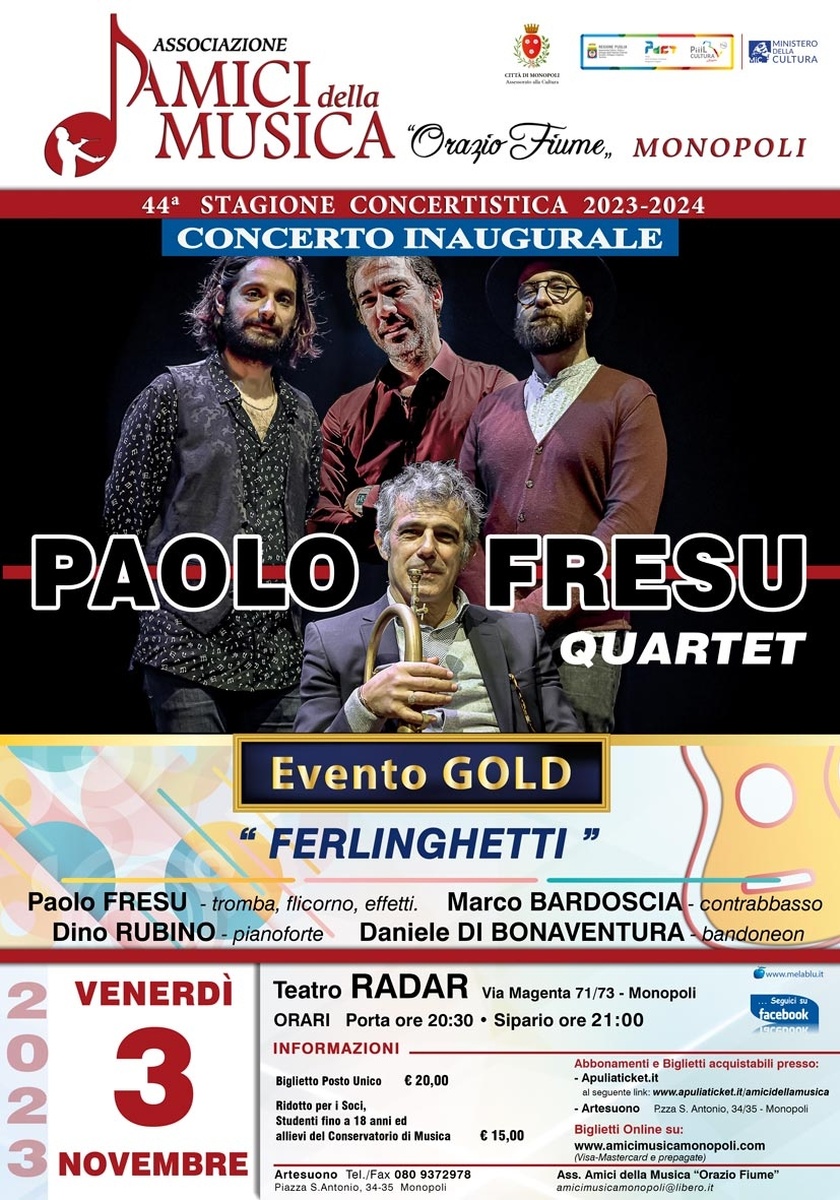 ''Paolo Fresu in..Ferlinghetti'' al Teatro Radar di Monopoli (Evento GOLD)