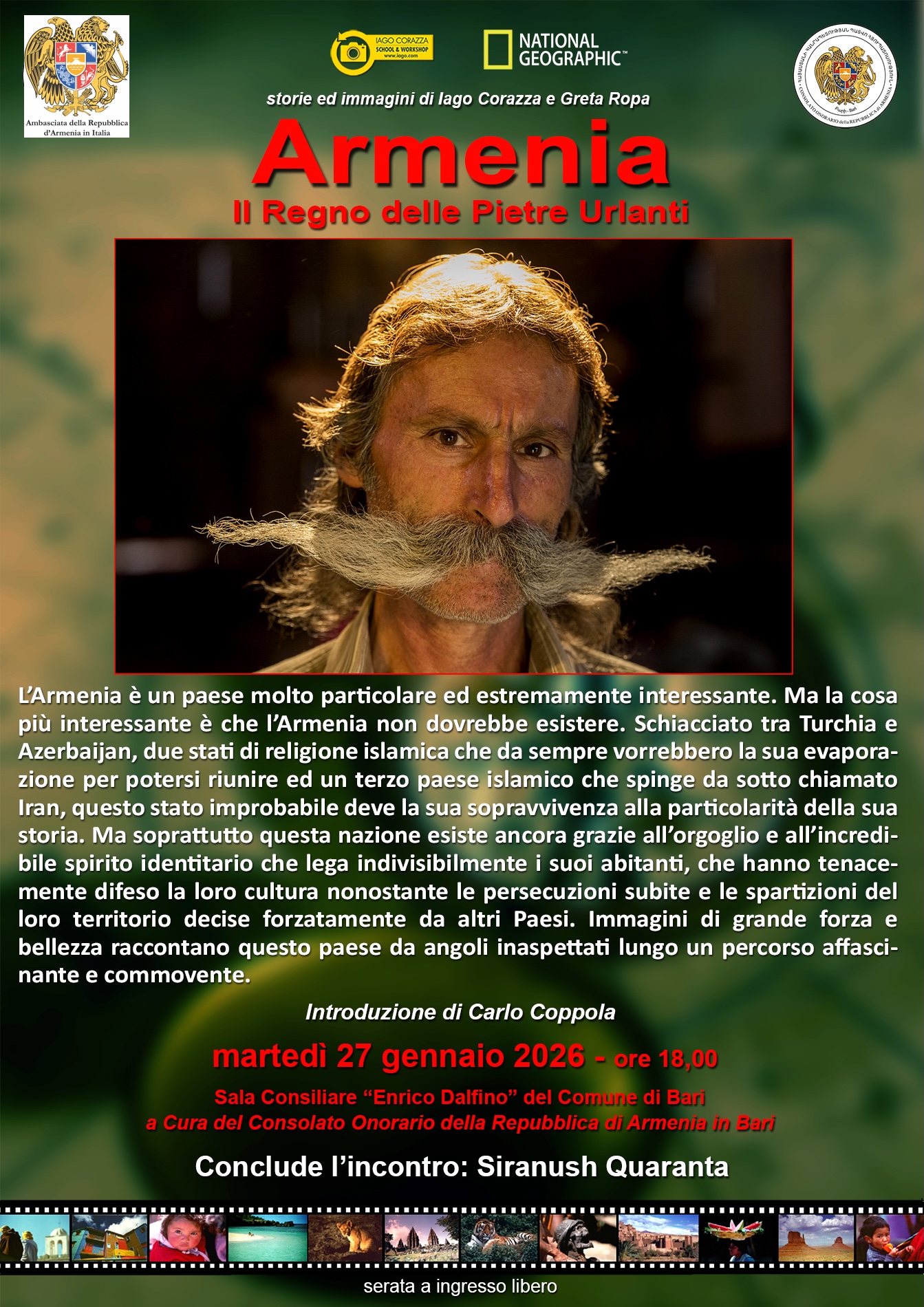 Domani a Bari evento al Comune "Armenia: Il Regno delle Pietre Urlanti" con Iago Corazza