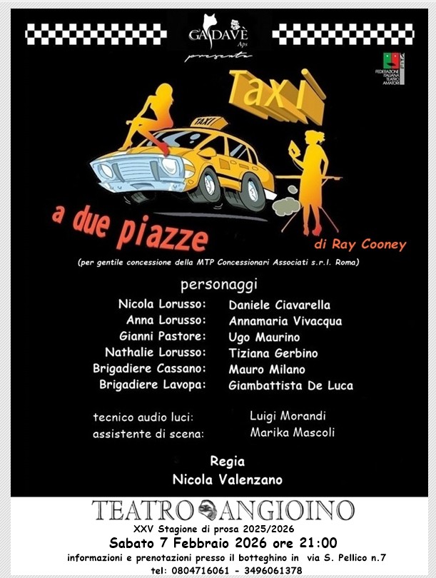 “Taxi a due Piazze" commedia brillante di R. Cooney in scena al Teatro Angioino di Mola